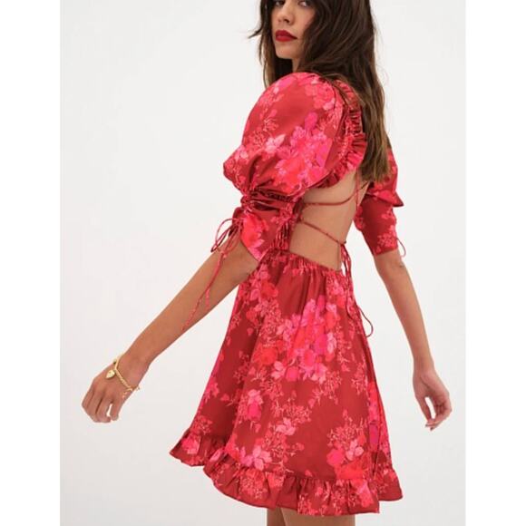 For Love & Lemons Alia Mini Dress Red Size Small NWT Lace Up Back Flirty Sassy - Picture 10 of 12